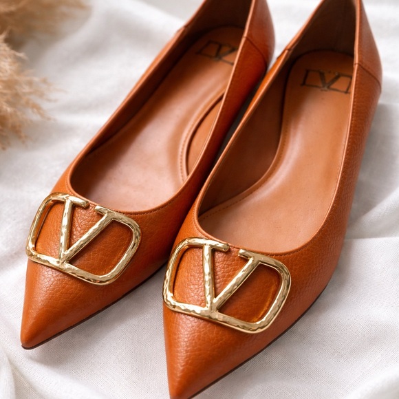 Valentino Shoes - Valentino Orange Leather Flats with Gold Accent